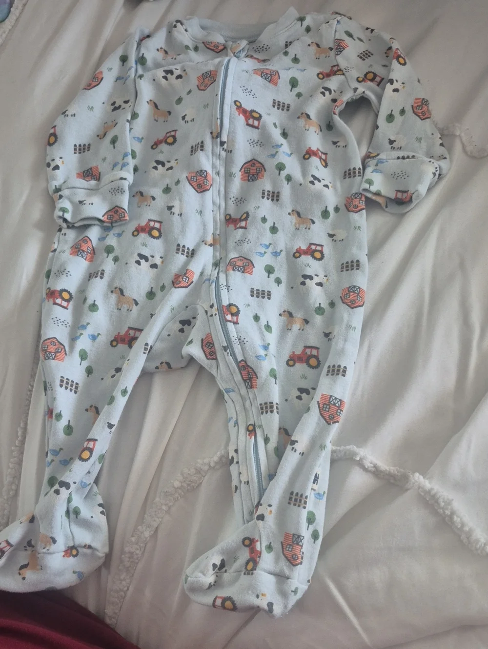 Light Blue Farm-Print Footed One-Piece Pajamas